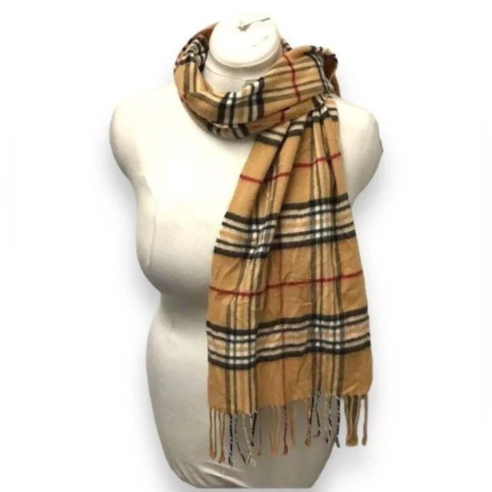V.Fraas Men's Exploded Plaid Cashmink Scarf, Camel, OSFA